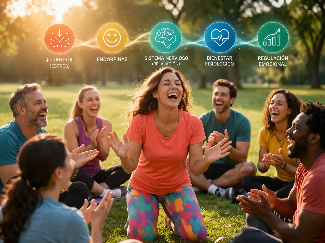 Grupo practicando Terapia de la Risa con beneficios emocionales