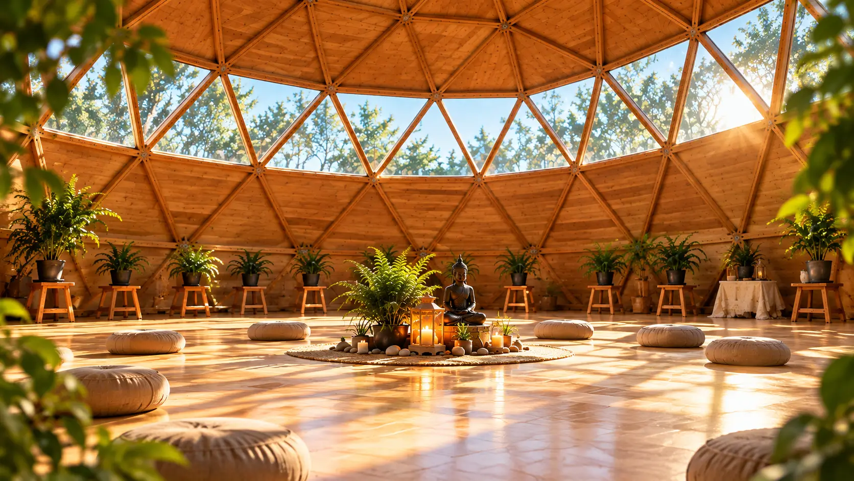 Interior del Domo Granada preparado para la meditación, con cojines, plantas y luces