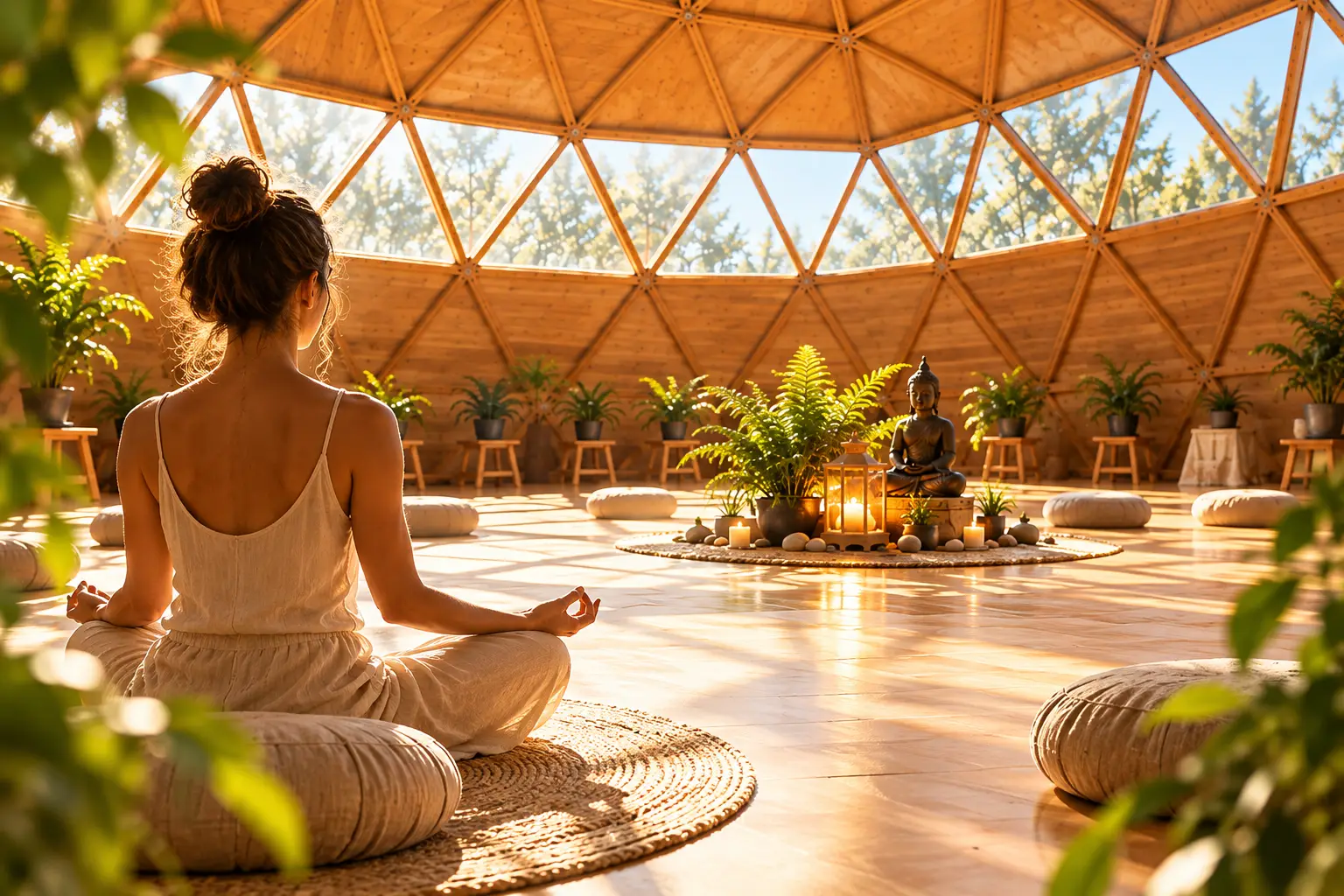 Mujer meditando en el interior de un domo luminoso